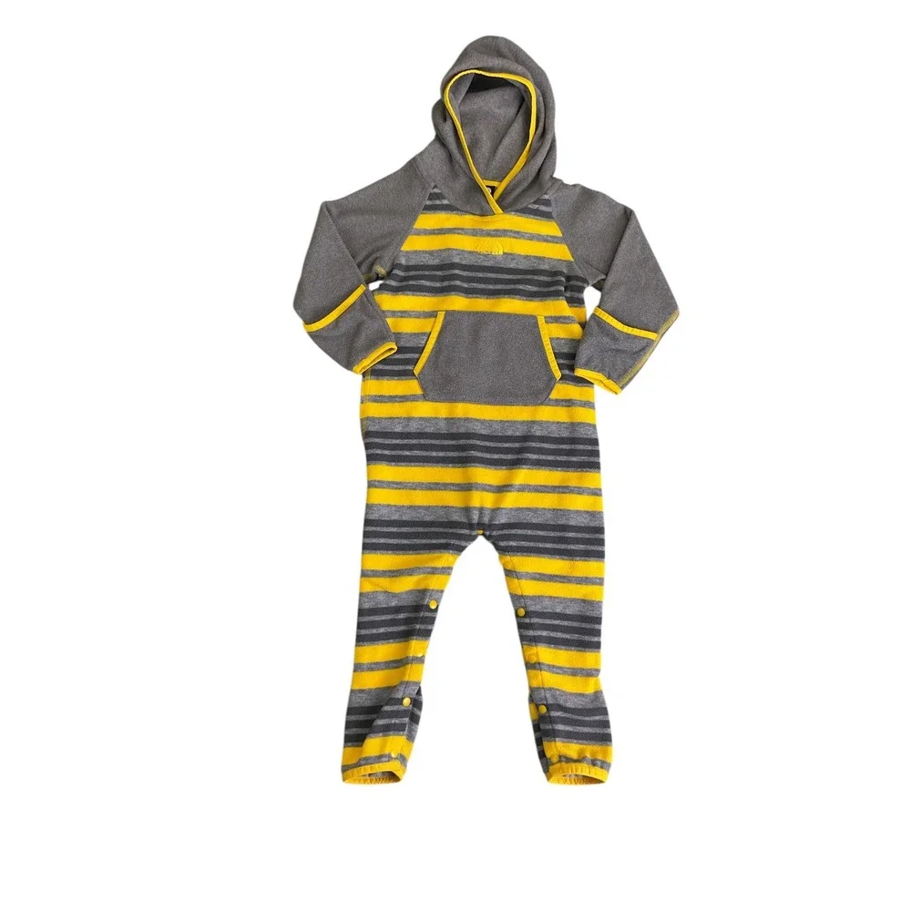 The North Face Infant 18-24M Gray Yellow Striped Fleece Hooded One Piece Pajamas